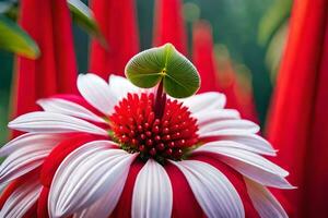 une rouge et blanc fleur avec une vert centre. généré par ai photo