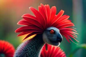 une rouge oiseau avec une rouge fleur sur ses diriger. généré par ai photo