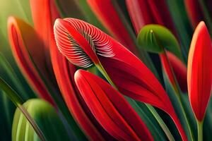 une La peinture de rouge fleurs avec vert feuilles. généré par ai photo