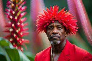 une homme portant une rouge costume et fleur coiffure. généré par ai photo