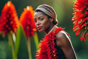 une magnifique femme avec rouge fleurs dans sa cheveux. généré par ai photo