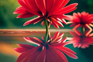 deux rouge fleurs sont réfléchi dans le l'eau. généré par ai photo