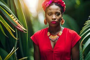 une femme dans une rouge robe et or bijoux. généré par ai photo