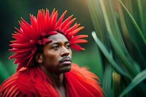 une homme portant une rouge plume coiffure dans le les bois. généré par ai photo