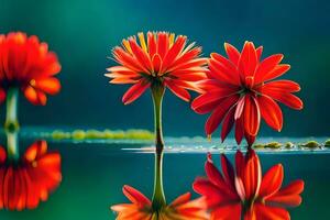 Trois rouge fleurs sont réfléchi dans le l'eau. généré par ai photo