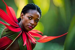 une magnifique femme avec rouge plumes sur sa diriger. généré par ai photo