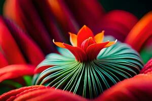 une proche en haut de une rouge fleur avec vert feuilles. généré par ai photo