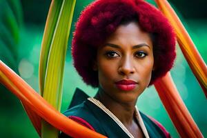 une femme avec rouge cheveux et vert feuilles. généré par ai photo