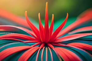 une proche en haut de une rouge fleur avec vert feuilles. généré par ai photo