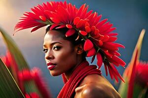 une magnifique femme avec rouge fleurs dans sa cheveux. généré par ai photo