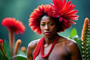 une femme avec rouge fleurs sur sa diriger. généré par ai photo