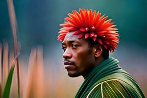 une homme avec une fleur couronne dans le herbe. généré par ai photo