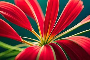 une proche en haut de une rouge fleur avec vert feuilles. généré par ai photo