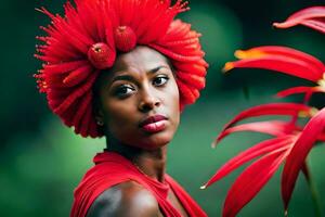 une magnifique femme avec rouge cheveux et fleurs. généré par ai photo