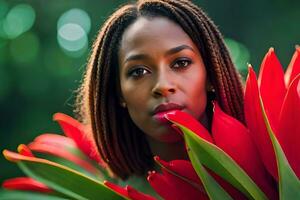 une magnifique femme avec rouge fleurs dans sa main. généré par ai photo