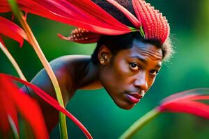 une femme avec rouge fleurs sur sa diriger. généré par ai photo