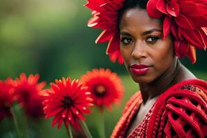 une femme avec rouge fleurs dans sa cheveux. généré par ai photo