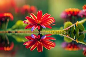 rouge fleur dans l'eau avec réflexion. généré par ai photo