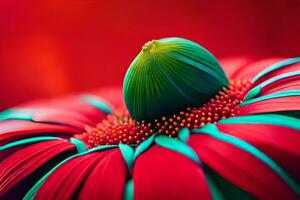 une proche en haut de une rouge fleur avec vert feuilles. généré par ai photo