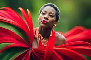 une femme avec rouge fleurs dans sa cheveux. généré par ai photo