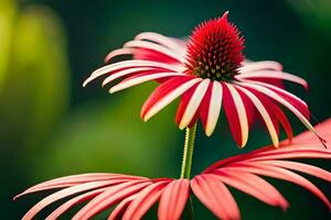 une rouge fleur avec blanc rayures est dans le premier plan. généré par ai photo