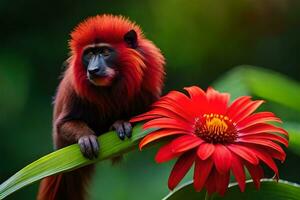 une rouge singe séance sur une fleur. généré par ai photo