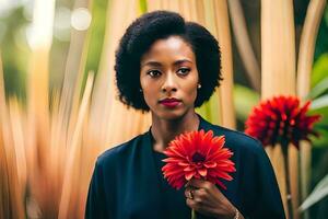 une femme avec foncé cheveux en portant une rouge fleur. généré par ai photo