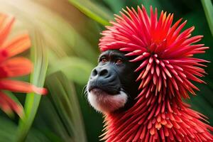 une singe avec rouge fleurs sur ses diriger. généré par ai photo