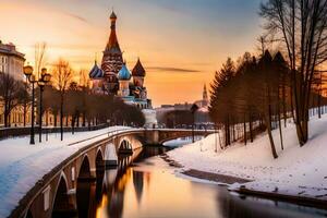 le kremlin et le kremlin pont à le coucher du soleil. généré par ai photo