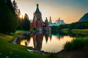 le kremlin à le coucher du soleil avec le rivière et des arbres. généré par ai photo