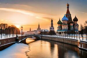 le kremlin et le rivière Moscou à le coucher du soleil. généré par ai photo