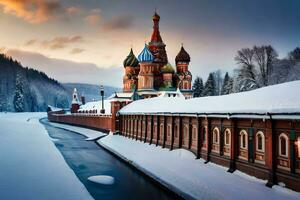 le kremlin dans hiver avec neige sur le sol. généré par ai photo
