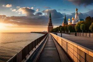 le kremlin et le kremlin la tour à le coucher du soleil. généré par ai photo
