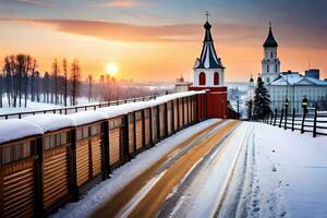 une pont plus de une neigeux route avec une église dans le Contexte. généré par ai photo