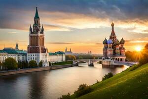 le kremlin et le Moscou rivière à le coucher du soleil. généré par ai photo