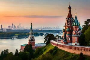 le kremlin et le Moscou horizon à le coucher du soleil. généré par ai photo