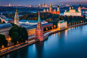 le kremlin et le Moscou rivière à crépuscule. généré par ai photo