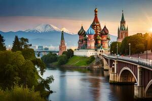 le kremlin et le Moscou rivière à le coucher du soleil. généré par ai photo