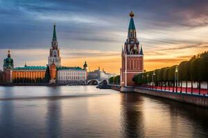 le kremlin et le kremlimsk la tour à le coucher du soleil. généré par ai photo