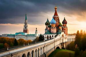 le kremlin et le cathédrale de Saint basilic dans Moscou, Russie. généré par ai photo