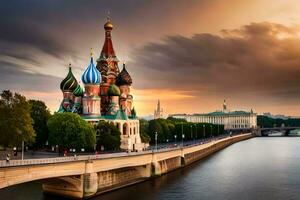 le kremlin et le Moscou rivière à le coucher du soleil. généré par ai photo