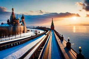 le kremlin et le kremlin pont à le coucher du soleil. généré par ai photo