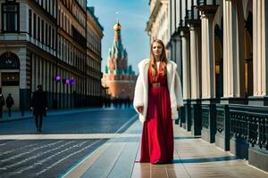 une femme dans une rouge robe et blanc manteau permanent sur une rue. généré par ai photo