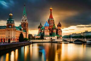 le rouge carré dans Moscou, Russie à le coucher du soleil. généré par ai photo