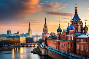 le kremlin et le rivière Moscou à le coucher du soleil. généré par ai photo