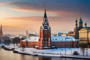 le kremlin et le rivière moskov à le coucher du soleil. généré par ai photo