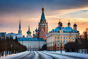 le kremlin dans hiver avec neige sur le sol. généré par ai photo