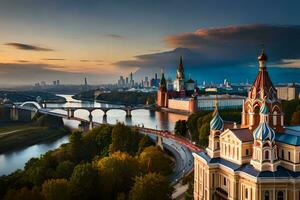 le ville de Moscou, Russie, avec le kremlin et le rivière Moscou. généré par ai photo