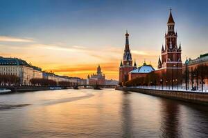 le kremlin et le rivière Moscou à le coucher du soleil. généré par ai photo