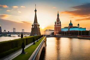 le kremlin et le Moscou rivière à le coucher du soleil. généré par ai photo
